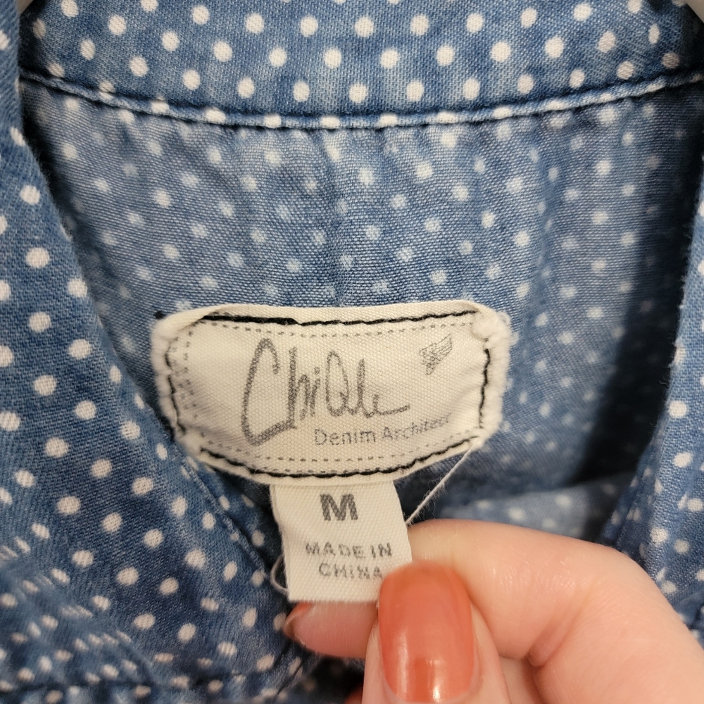 Distressed Preppy Polka Dot Denim Button-up Shirt - Picture 7 of 7